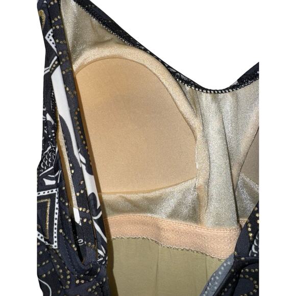 Maxine of Hollywood Size 12 One Piece Swimsuit Black White Gold Floral Print - Picture 4 of 8